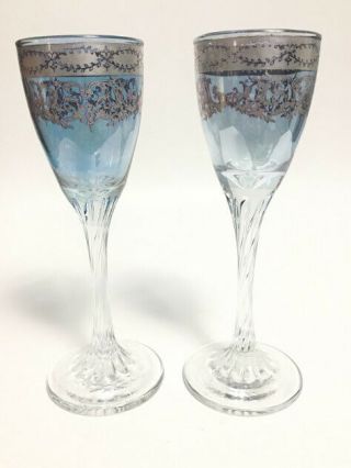 Antique Victorian Champagne Glasses Sterling Silver Blue Flute Clear Twist Stem