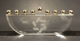 Hanukkah Menorah - Vintage Judaica - Clear Glass Block - Etched Star Of David
