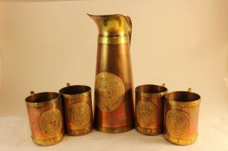 Vintage Set Copper Bar 4 Mugs Tankard & Pitcher Mexico Aztec Calendar
