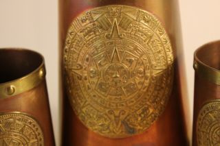 VINTAGE Set Copper Bar 4 Mugs Tankard & Pitcher MEXICO Aztec Calendar 2