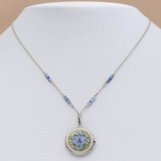 Vtg Signed Art Deco Guilloche Enamel Blue Topaz Locket 900 Silver Necklace 2