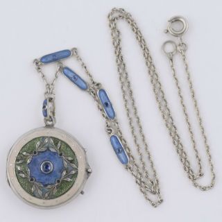 Vtg Signed Art Deco Guilloche Enamel Blue Topaz Locket 900 Silver Necklace 3
