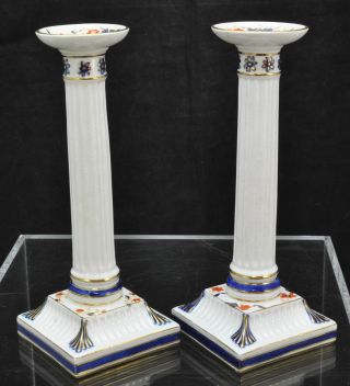 Antique Wedgwood Imari Decorated 9 Inch Column Candlesticks 19th Century
