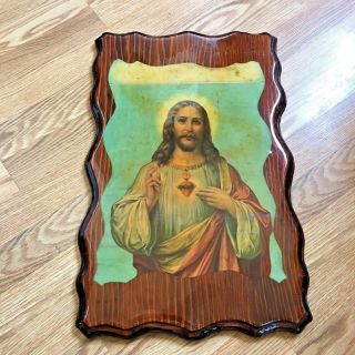 Vintage Jesus Christ Print On Wood Folk Art Picture Plaque Wall Art Home Decor