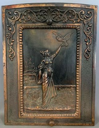 Ca.  1900 Antique Art Nouveau Era Cast Iron Figural Lady & Bird Old Fireplace Door