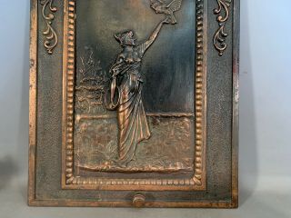 Ca.  1900 Antique ART NOUVEAU Era CAST IRON Figural LADY & BIRD Old FIREPLACE DOOR 3