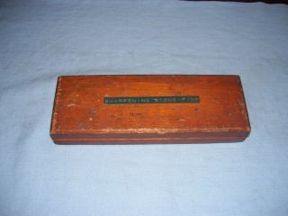 Vintage Sharpening Stone Knife Sharpener Fine In Wood Box.