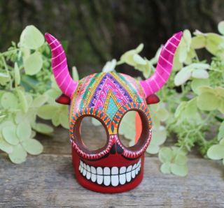 Pink Devil Sugar Skull Handmade Painted Day Of The Dead Puebla Mexican Folk Art