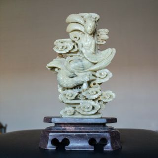 Vintage Soapstone Carving Of Chinese Goddess Sitting On A Peacock.  9 " Tall