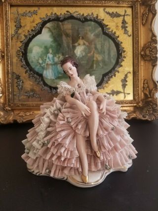 Antique German Dresden Lace Large Porcelain Figurine Of Ballerina Dancer 6.  5 "