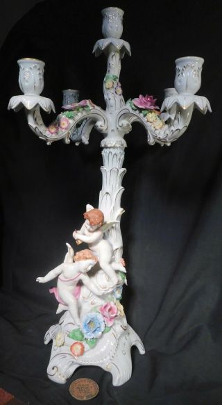 Vintage Von Schierholz German Porcelain Figural Candelabra Putti Cherubs Angel