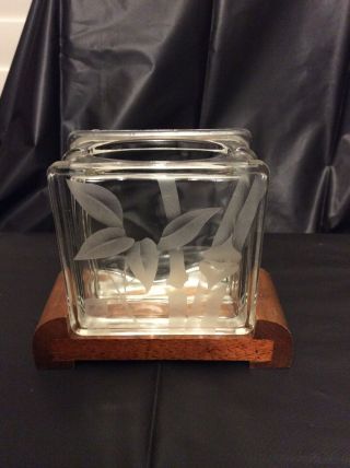Vintage Hawaii Bamboo Etched Glass Block Mini Vase On Stand