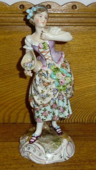 Antique Volkstedt Porcelain Figurine Of Girl W/ Flowers - 9 1/4 "