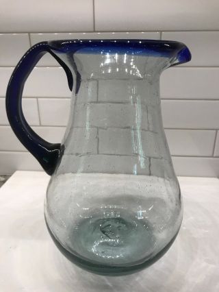 Large 9.  5” Mexican Hand Blown Glass Margarita Pitcher Cobalt Blue Rim Mexico