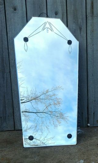 Vintage Art Deco Beveled Etched Coffin Shaped Frameless Wall Mirror