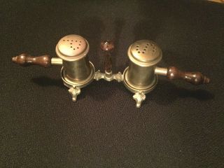 Vintage Brass Salt And Pepper Shakers With Wooden Handles Brass On Brass Stand