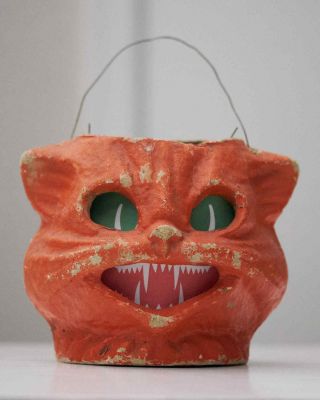 Vintage Halloween Paper Mache Lantern Kitten Cat