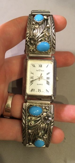 Vintage Native American Indian Navajo Sterling Silver Turquoise Watch Band.