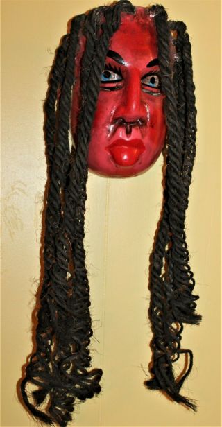 Vtg Red Human Face Mask Wood Hand Carved Painted Wall Art Folk Long Rope Hair