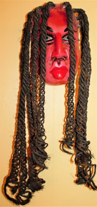 Vtg Red Human Face Mask Wood Hand Carved Painted Wall Art Folk Long Rope Hair 2