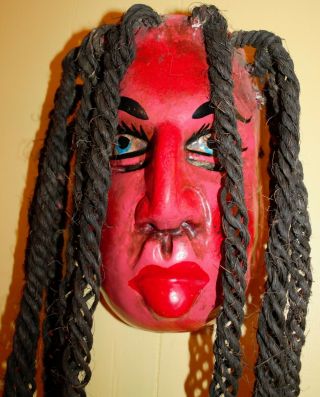 Vtg Red Human Face Mask Wood Hand Carved Painted Wall Art Folk Long Rope Hair 3