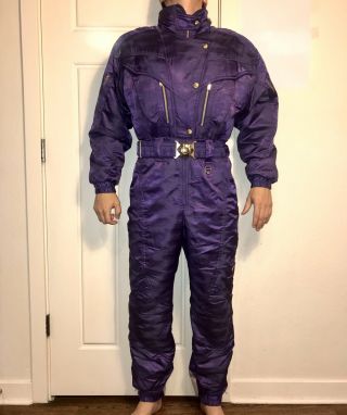 Vtg 80s 90s Purple Descente Womens 10 One Piece Apres Ski Suit Snow Bib Snowsuit