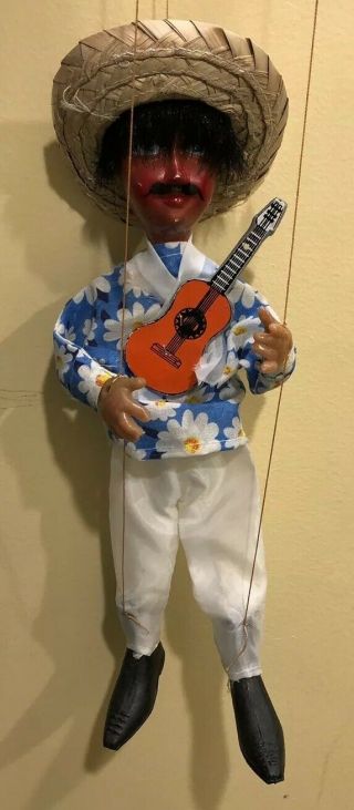 Antique Mexican Marionette Puppet Doll Plastic Wood Hand Painted 13” Plus String
