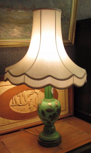 Vintage Porcelain Table Lamp With Shade,  Jade Green With Gilt Overlay