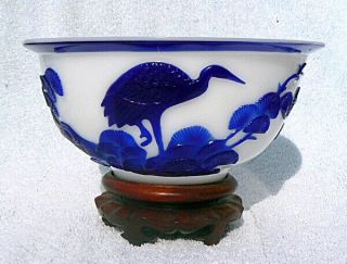 Vintage Chinese Peking Glass Cobalt Overlay Bowl Crane & Trees