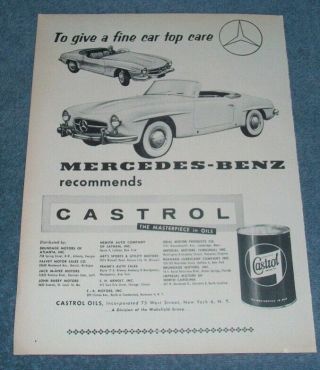 1956 Castrol Motor Oil Vintage Ad With 190sl Mercedes - Benz " To Give A Fine Car.