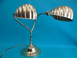 Mid - Century Modern Brass Cast Iron Base Scallop 2 Fixture Goose Neck Desk Lamp