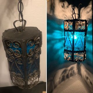 Antique Spanish Revival Renaissance Gothic Wrought Iron Hanging Swag Lamp Light