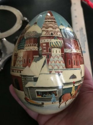 Vintage Russian Christmas Hand Painted Wooden Egg Date 1999 Large