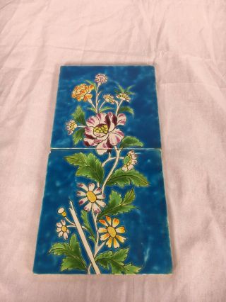 Set Of 2 Rare Antique Minton Hollins Handpainted Flower Tile Stoke On Trent No 2