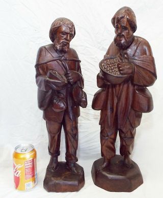 2 Old Large Hand Carved Wooden Statues Travelers Hobos Drifters Old Men Folk Art