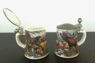 Vintage Rein - Zinn.  B M F 2 Small Tankards Beer Stein ❤️ Stags Eagle In Forest