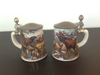 VINTAGE REIN - ZINN.  B M F 2 SMALL TANKARDS BEER STEIN ❤️ STAGS EAGLE IN FOREST 2