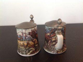 VINTAGE REIN - ZINN.  B M F 2 SMALL TANKARDS BEER STEIN ❤️ STAGS EAGLE IN FOREST 3