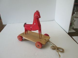 Vintage Primitive Folk Art Wooden Painted Pull Toy Horse W Wheels Poland 3873