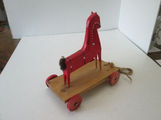 Vintage Primitive Folk Art Wooden Painted Pull Toy Horse w Wheels Poland 3873 2