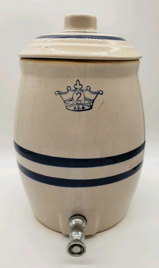 Robinson Ransbottom Crock Water Cooler Pottery Blue Stripe Crown 2 Gallon & Lid