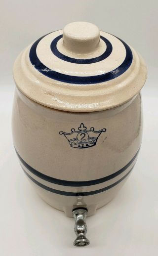 Robinson Ransbottom Crock Water Cooler Pottery Blue Stripe Crown 2 Gallon & Lid 2