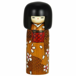 Japanese 7.  5 " H Kokeshi Wooden Doll Sakura Kimono Girl Sosaku By Masae Fujikawa