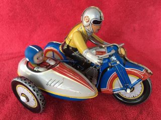 Vintage Mechanical Clockwork Wind Up Ms - 709 Motorcycle & Sidecar Tin Toy Rare