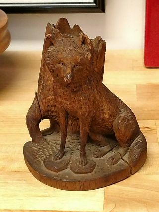 Antique 19th Century Swiss Black Forest Wood Carving Rare Fox Match Holder