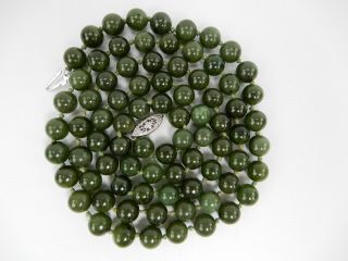 Vintage Green Jade 8mm Bead Hand Knotted 30 " Necklace