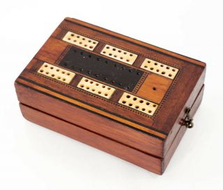 19th C.  Wood And Bone Inlaid Cribbage Board And Storage Box [11690]