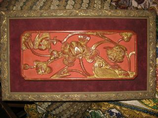 Antique Chinese Carved Wood Panel With Birds & Flowers 1800 
