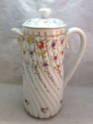 Antique Victorian Porcelain Chocolate Pot.  Hand Painted Flowers
