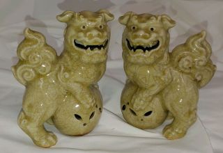 Matched Turquoise Ceramic Glazed Foo Dogs 5.  5 " Tall Greenish Color